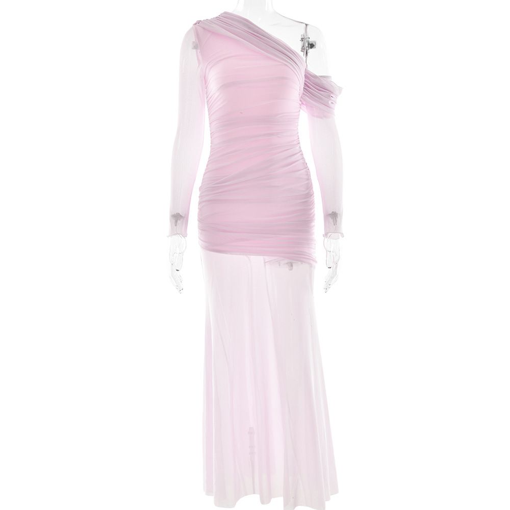 Abito lungo con volant in rete e spalle scoperte – Elegante abito aderente a maniche lunghe con pannelli trasparenti (S/M/L) – Trendy e femminile_voghion.com