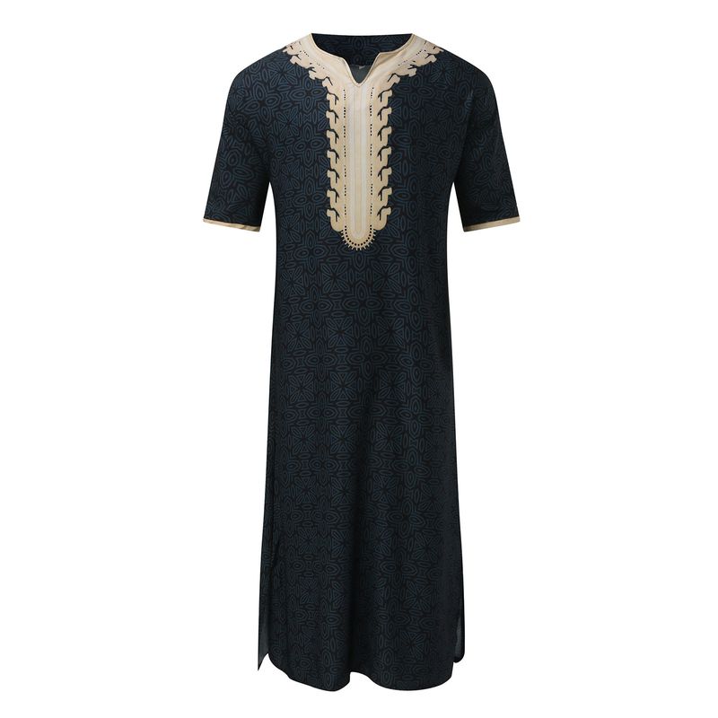Men's Clothing 2024 Summer Men's Clothing Arab Robe Loose V neck Short Sleeve Middle Eastern Printed Men's Muslim Clothing_voghion.com
