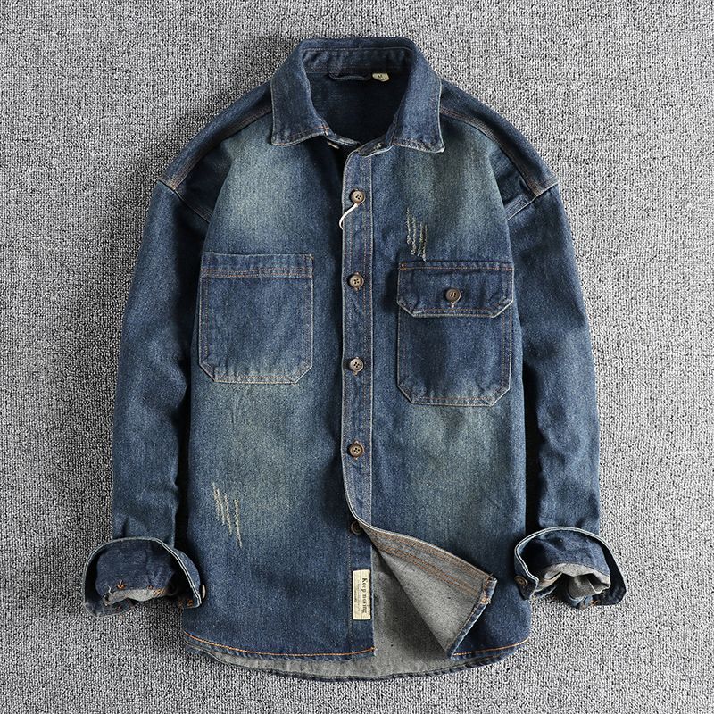 Herrenbekleidung Ärmelpatch-Nähte Stark verwaschenes, abgenutztes Retro-Jeanshemd Lockeres, steifes, trendiges Jugendhemd_voghion.com