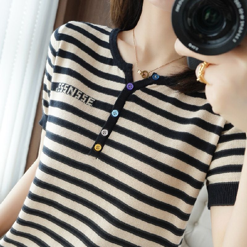 T-shirt col rond à rayures pour femme, coupe ample, manches courtes, style décontracté, été 2025_voghion.com