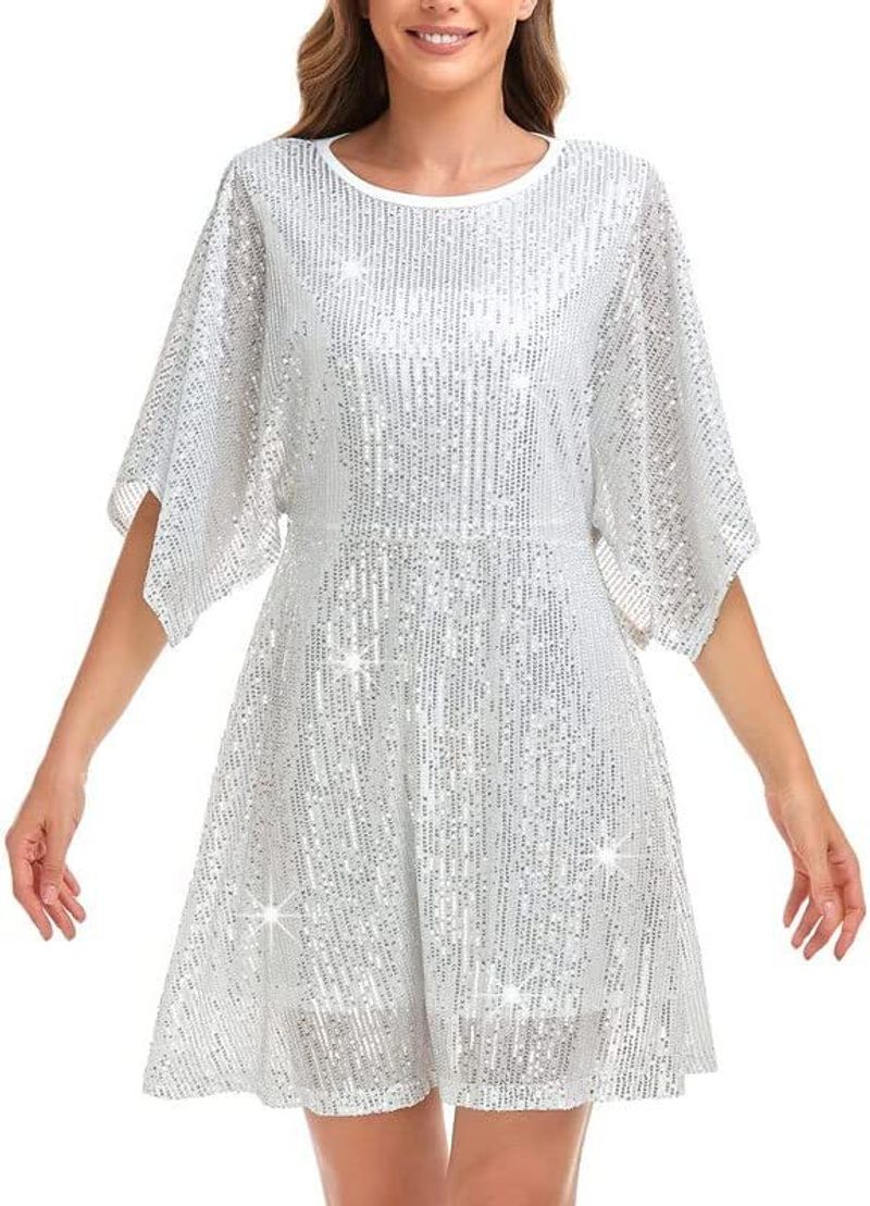 Damen Pailletten Lockeres Kleid Party Schlitz Ärmel Lässig Locker Mini Kurzes Kleid_voghion.com