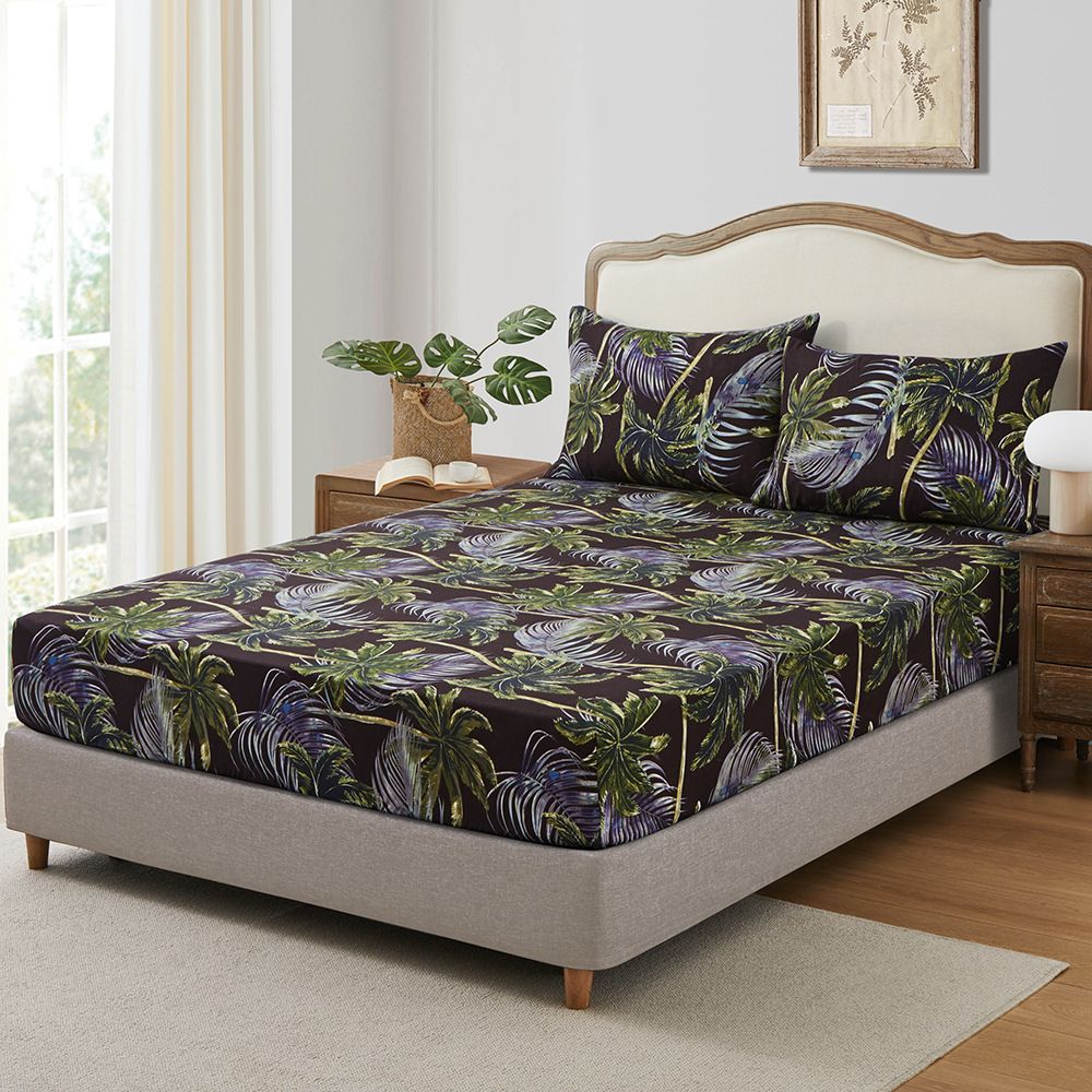 Tropical Palm Leaves 3D Printed Fitted Bed Sheet Set - Elastic Polyester Bedding Cover With Vibrant Island Pattern, Ultra Soft Wrinkle Resistant_voghion.com