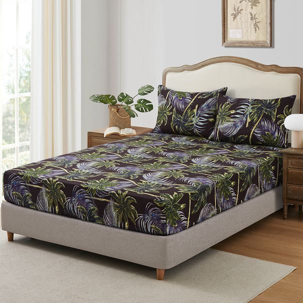 Tropical Palm Leaves 3D Printed Fitted Bed Sheet Set - Elastic Polyester Bedding Cover With Vibrant Island Pattern, Ultra Soft Wrinkle Resistant_voghion.com