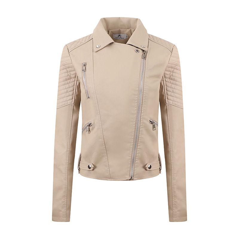 Damenbekleidung Lederjacke Herbst und Winter PU Damen kurzes Leder schräg ziehen schlank Motorradanzug_voghion.com