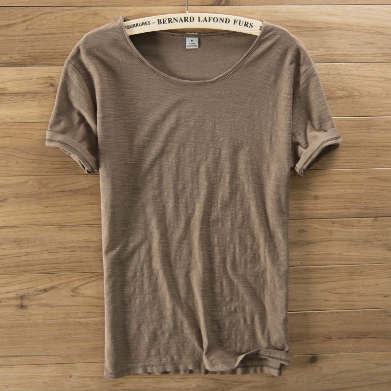 T-shirt da uomo a maniche corte in puro cotone con scollo rotondo e bordi irregolari, strato di base, tinta unita in cotone di bambù_voghion.com