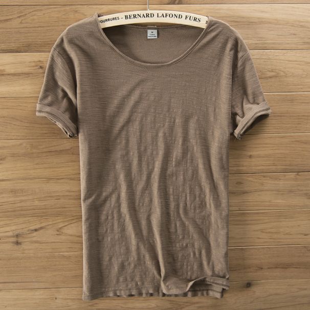 T-shirt da uomo a maniche corte in puro cotone con scollo rotondo e bordi irregolari, strato di base, tinta unita in cotone di bambù_voghion.com