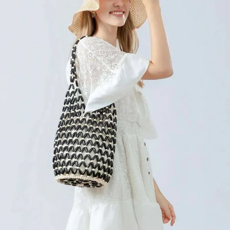 Designer Bags Women Woven Hand Summer Design Hollow-Out Wooden Bead Tote Bucket Shoulder Female Reticulate Netted Canvas_voghion.com