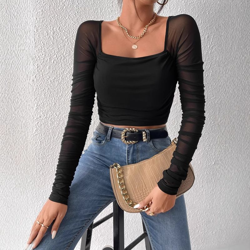 Maglietta a maniche lunghe corta in rete con scollo quadrato e volant da donna_voghion.com