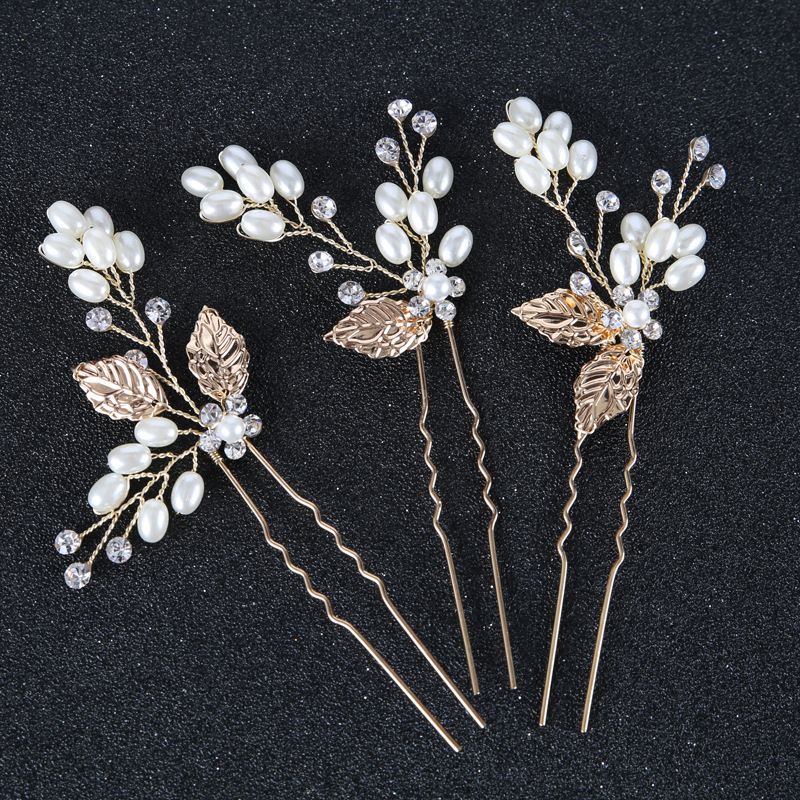 Pearl Leaf Gold Hairpin Headband Set Bridal Headdress Hair Accessories_voghion.com