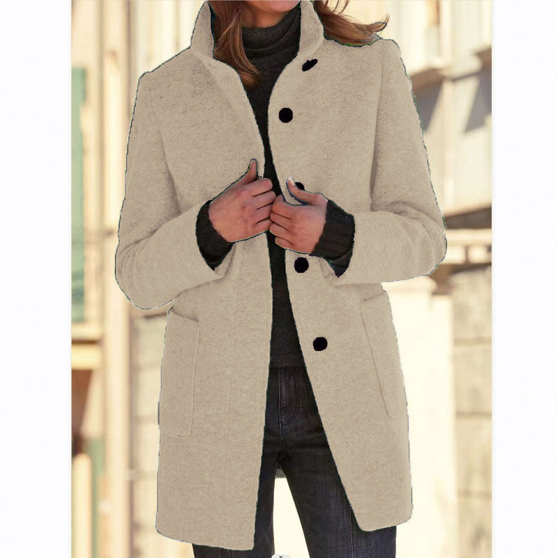 Women's retro solid color button stand collar woolen coat_voghion.com