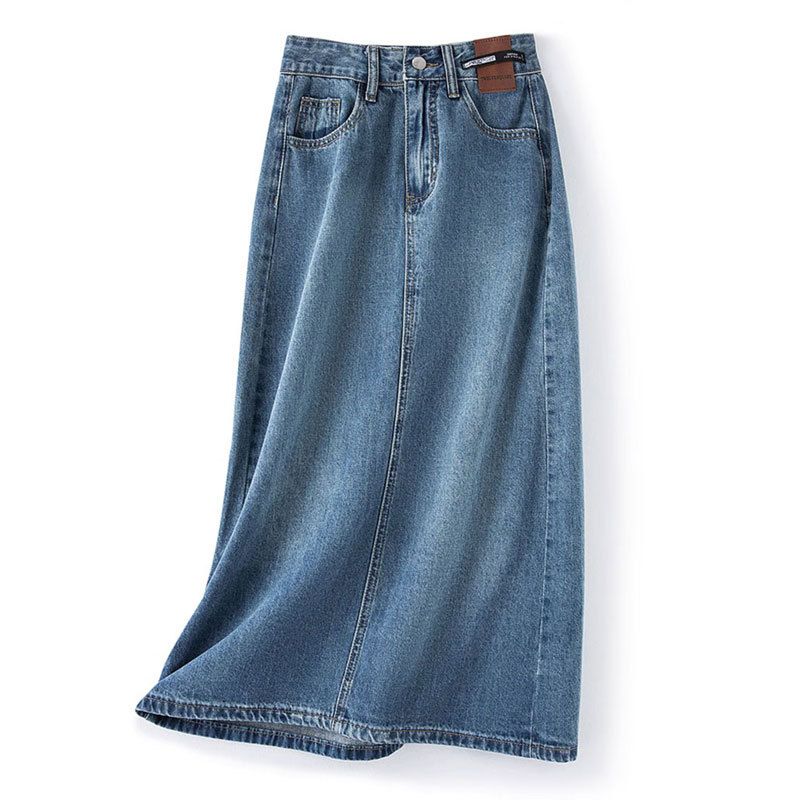 Damenbekleidung Retro-Rock mit Schlitz hinten für Damen Design Ledermarke Hohe Taille A-Linie Mittellang Gerade Röhre Fleischbedeckender Hüftjeansrock_voghion.com