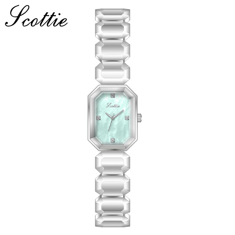 Scottie Square Damenuhr mit Perlmutt-Zifferblatt und Kette, klein, Zuckerwürfel, Mint, Manbo Live-Modell_voghion.com