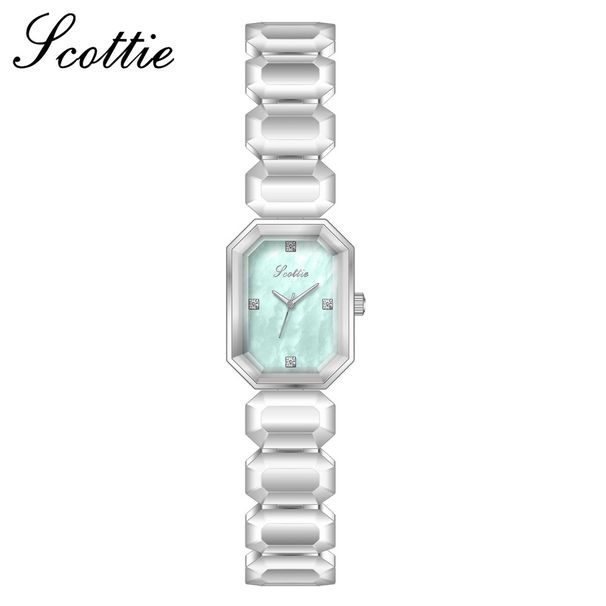 Scottie Square Damenuhr mit Perlmutt-Zifferblatt und Kette, klein, Zuckerwürfel, Mint, Manbo Live-Modell_voghion.com