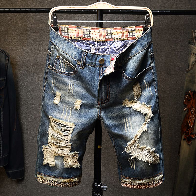 Men's clothing casual slim denim small leg quarter pants personalized trendy jeans_voghion.com