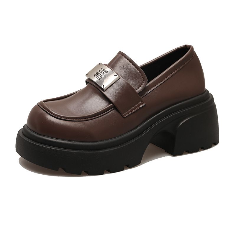 Black soled small leather shoes for women autumn college style JK metal foot kick thick heel British loafers single_voghion.com