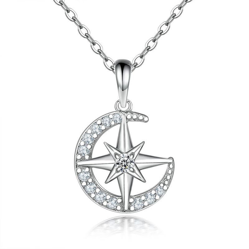 Colares da moda com estrela de oito pontas, colar feminino com design de nicho simples, pingente criativo de estrela e lua embutidos, colar de prata esterlina 925 com manchas_voghion.com