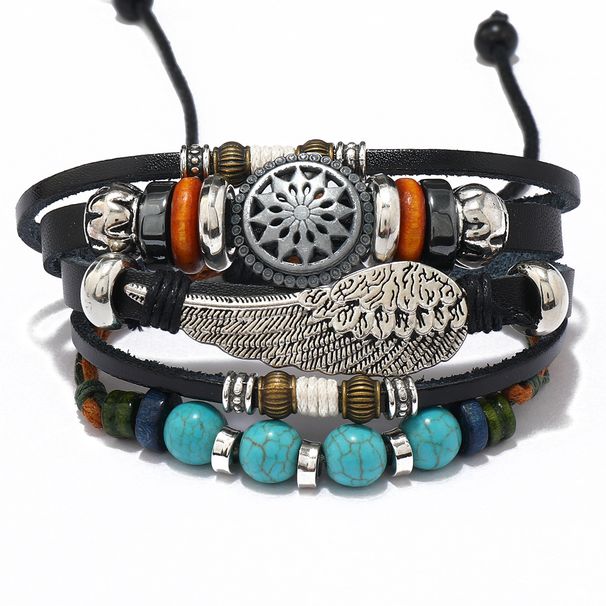 Multi-layer Beaded Cowhide Bohemian Style Women's Woven Alloy Feather Leather Bracelet Jewelry_voghion.com