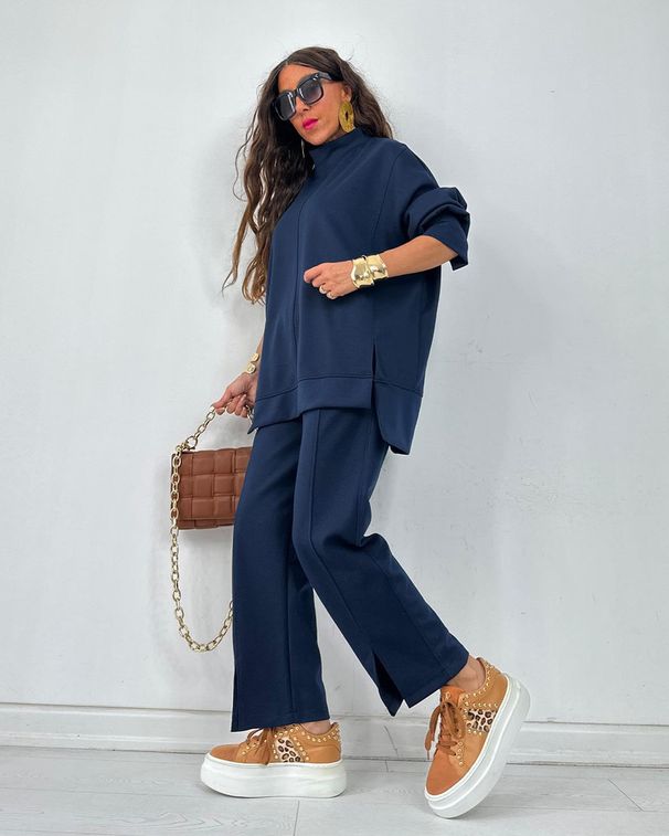 Women's Clothing Autumn Winter Casual Lounge Set Long Sleeve High Split Pants Two Piece Outfit - Solid Color Comfort Jogger Suit For Work & Leisure_voghion.com