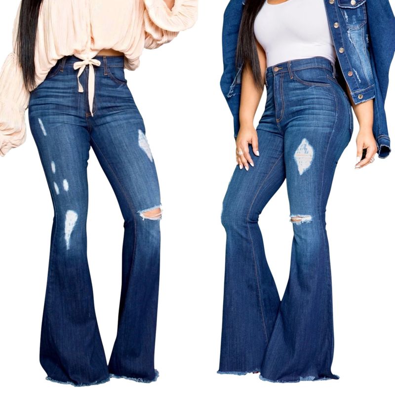 Damenbekleidung, die meistverkaufte, modische, vielseitige Schlaghose aus ausgewaschenem, zerrissenem Denim mit weitem Bein_voghion.com