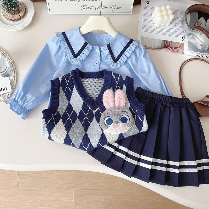 Mother & Kids Girls Rabbit Police Officer Uniform Cute Suit Children's Knitted Vest Skirt Suit_voghion.com