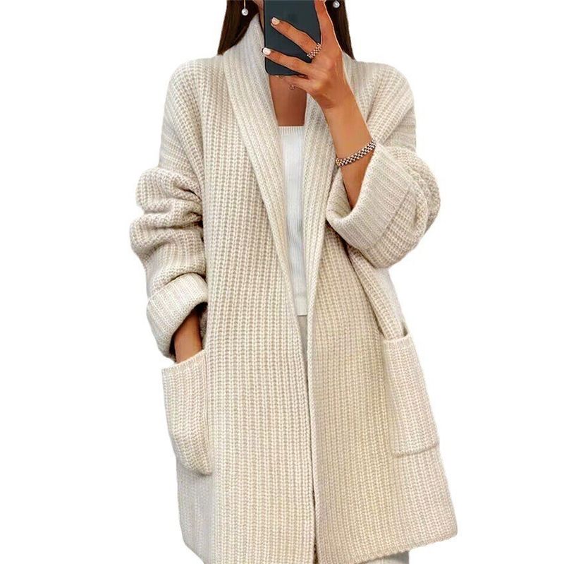 Damenbekleidung, verdickte, einfarbige Strickjacke mit V-Ausschnitt und lockerer Tasche, Pulloverjacke_voghion.com