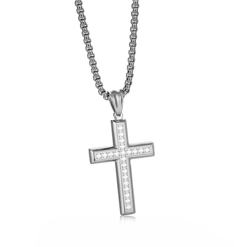 Joias masculinas, joias da moda em aço titânio, estilo popular e luxuoso, com corrente de suéter em cruz de diamantes, colar de aço_voghion.com