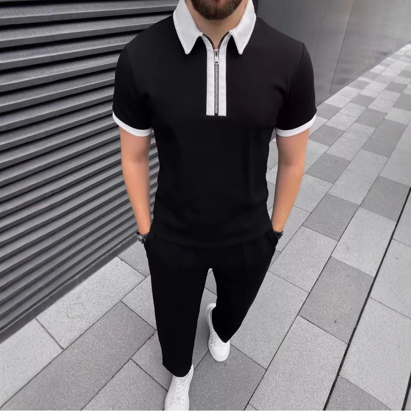 Herrenbekleidung Sommer Poloshirt Reißverschluss Lässiger Kurzarm-Shorts-Anzug_voghion.com
