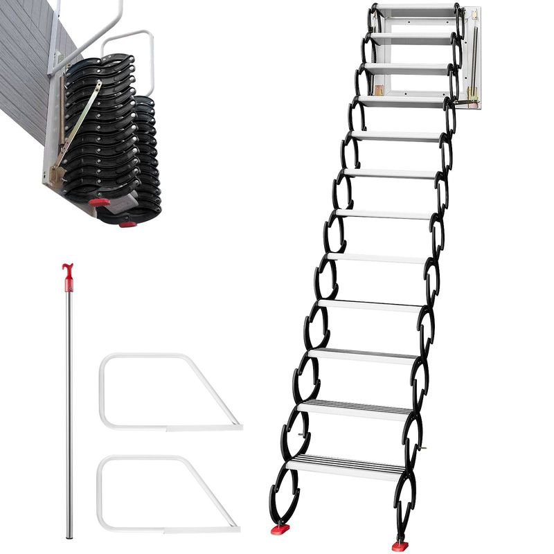 VEVOR Attic Steps Pull Down 12 Steps Attic Stairs Alloy Attic Access Ladder, Black Pulldown Attic Stairs, Wall-mounted Folding Stairs For Attic, Retractable Attic Ladder With Armrests, 9.8 Feet Height_voghion.com