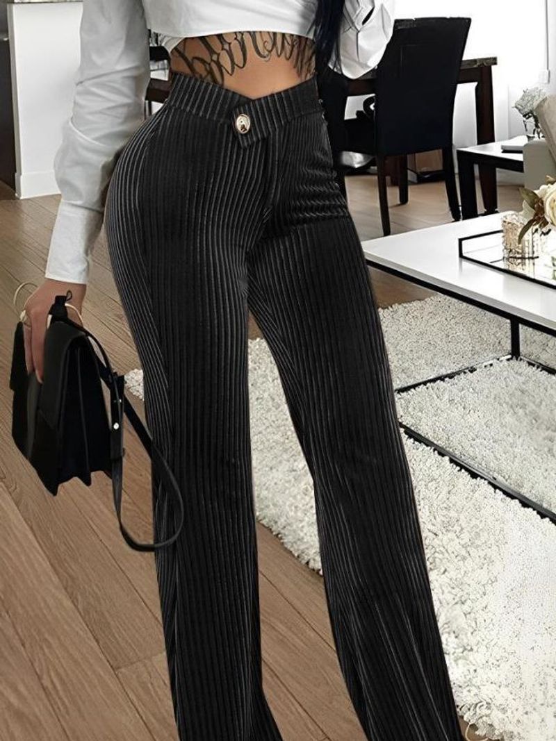 Damenbekleidung Herbst- und Wintermode Gold Samt gestreifte lässige Damenhose_voghion.com
