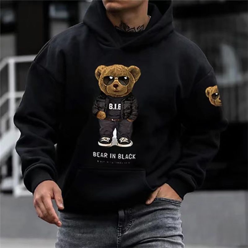 Abbigliamento maschile 2024 Nuovo uomo felpa orso in nero orso bambola stampa giacca manica lunga autunno e inverno felpa di peluche_voghion.com