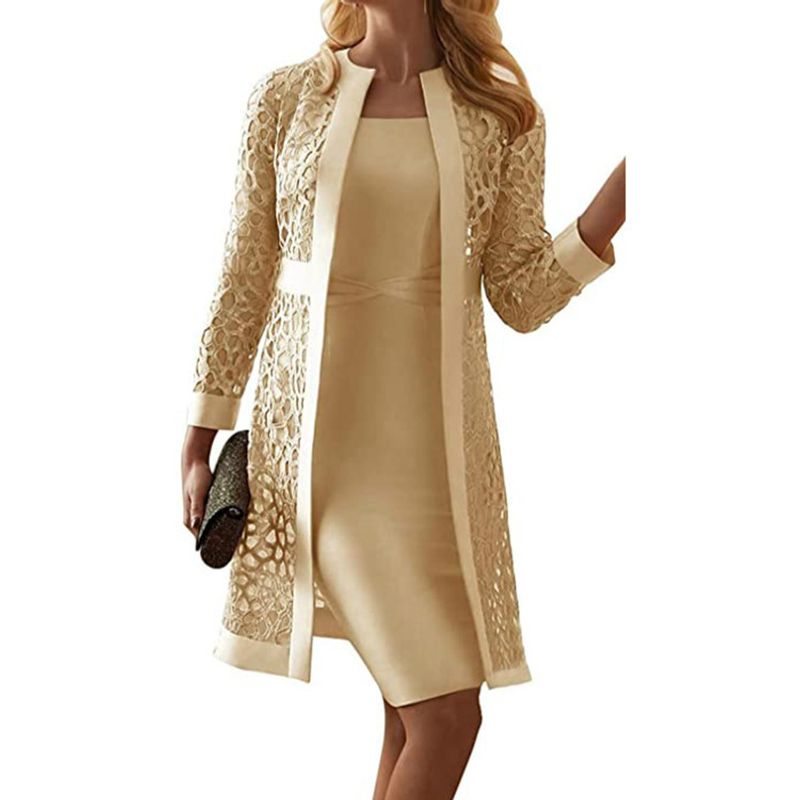 Vestido tipo cárdigan de encaje de color para mujer con dos abrigos_voghion.com