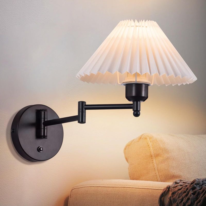 Wandleuchte Innen Wandlampe Vintage - E27 Retro Lampenschirm Wandbeleuchtung Schwenkbar MAX.40W Weiß Stoff Wandlicht Flurlampe Für Treppenhaus Büro_voghion.com