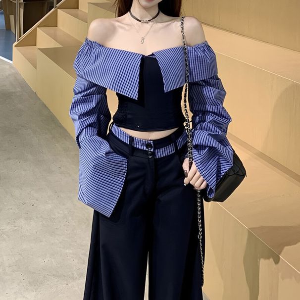 Camicia a maniche lunghe con patchwork a righe e spalle scoperte color-block da donna, pantaloni larghi casual in stile college primaverile, due pezzi_voghion.com