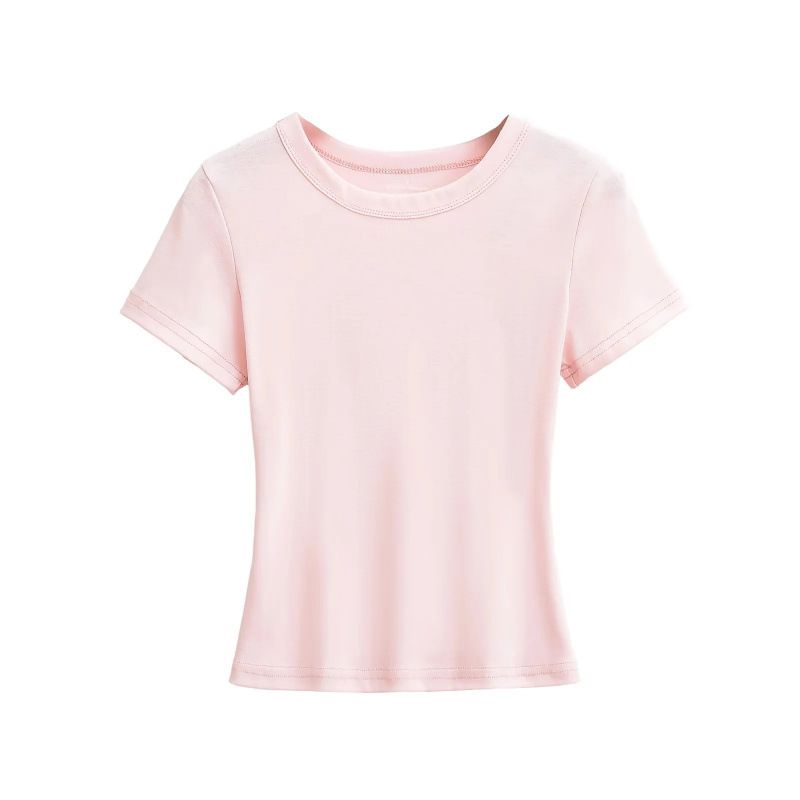 Women's Clothing Summer New Ladies Hot Girl Tight Round Neck Short Sleeve T Shirt Elastic Slim Bottoming Shirt Female_voghion.com