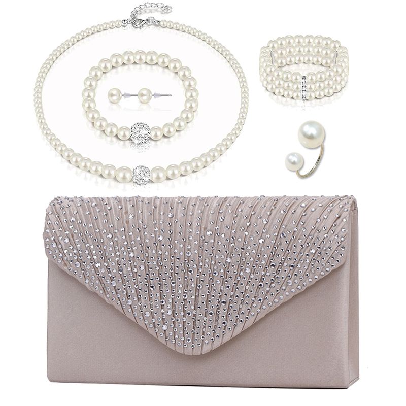 Europäische und amerikanische Braut Perlenarmband Halskette Ohrringe Ring Clutch Schmuckset 6-teilig Diamant Abendtasche Damen_voghion.com
