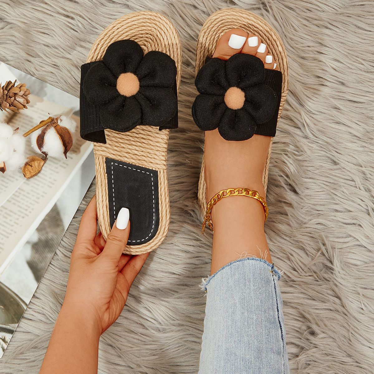 Damesko Nye udendørssko med én linje, damesko med rebbund, store blomstermønstrede detaljer, moderigtige og afslappede flade damesko til udendørsbrug_voghion.com