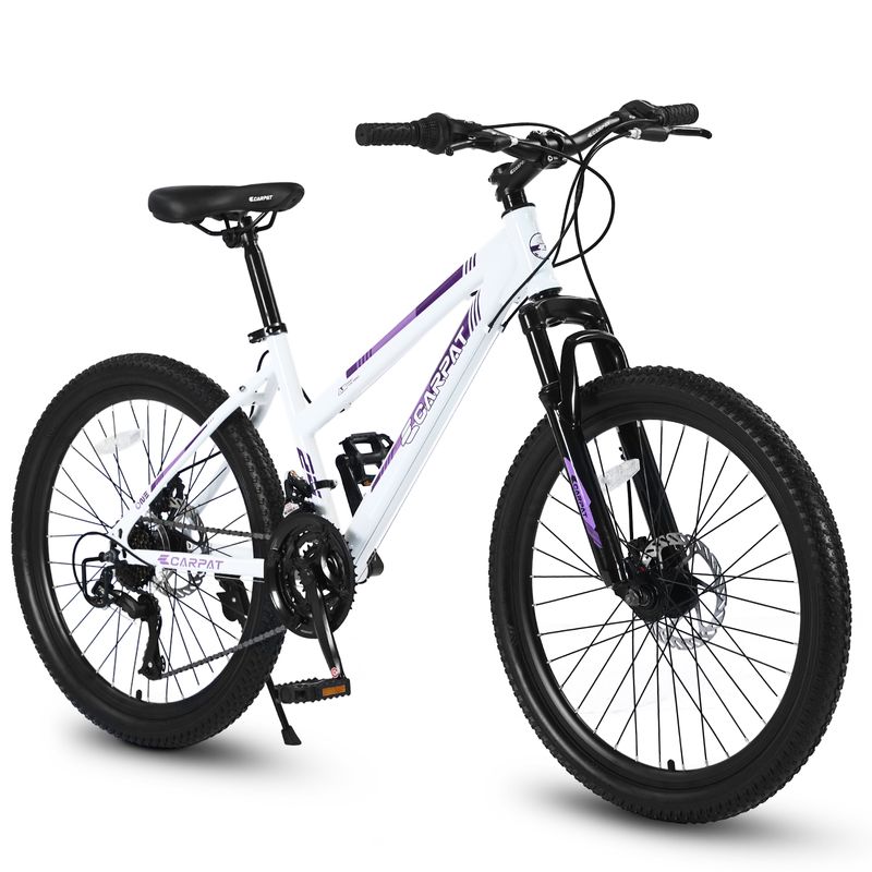 S24103 24 Inch Mountain Bike For Teenagers Girls Women, Shimano 21 Speeds With Dual Disc Brakes And 100mm Front Suspension, White/Pink_voghion.com