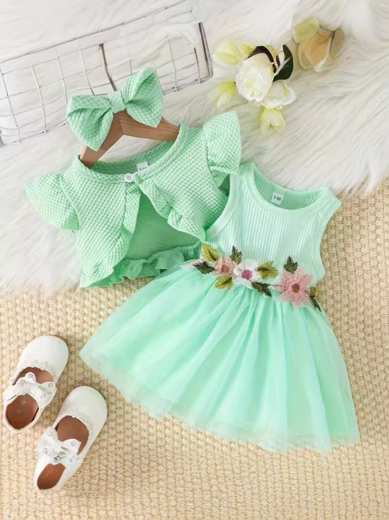Mother&Kids Baby and toddler sleeveless pit striped floral embroidery mesh skirt dress flying sleeve coat girls' set_voghion.com