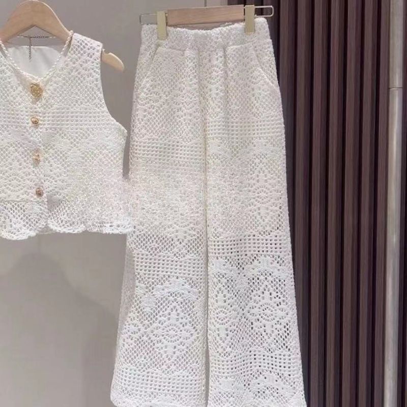 Madre y niños Traje de verano para niñas 2024 Nuevo gancho de encaje coreano Flor de temperamento de lujo ligero Estilo de fragancia pequeña para niños Traje de dos piezas Tendencia_voghion.com