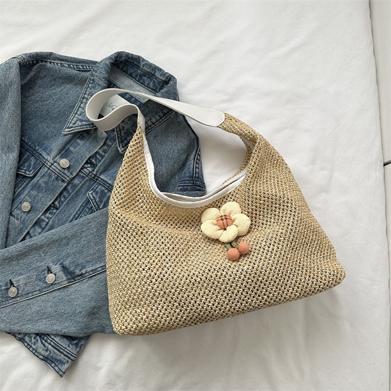 Große Kapazität modisches Temperament sanfte Blumendekoration Schulter für Frauen 2024 Sommer neue Unterarm-Einkaufstasche_voghion.com