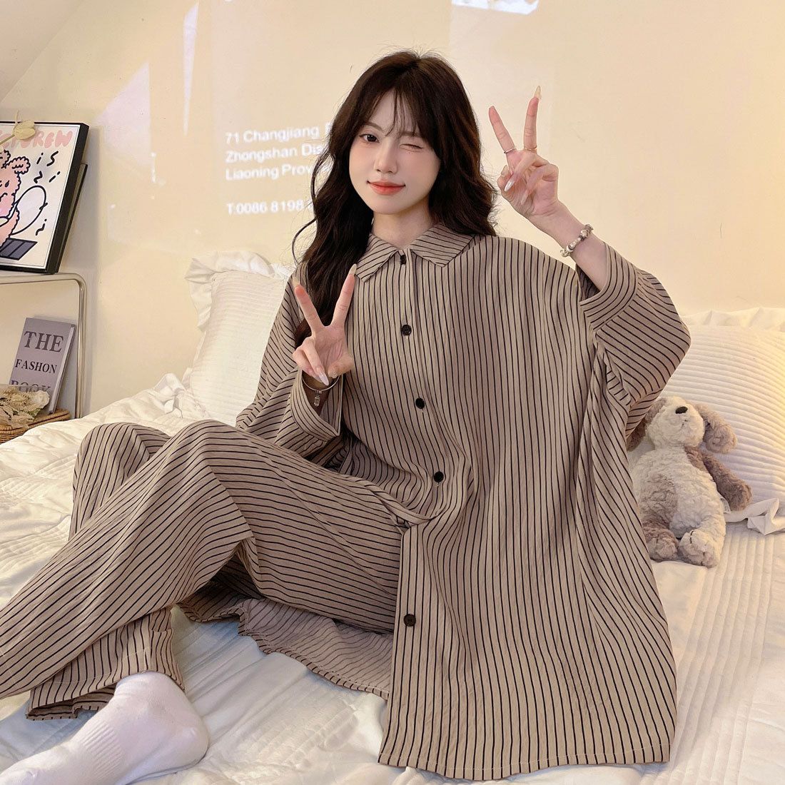 Γυναικείες πιτζάμες άνοιξης και φθινοπώρου 2024 με μακριά μανίκια, casual, Cloud Cotton, σετ για ζευγάρια, για το σπίτι_voghion.com