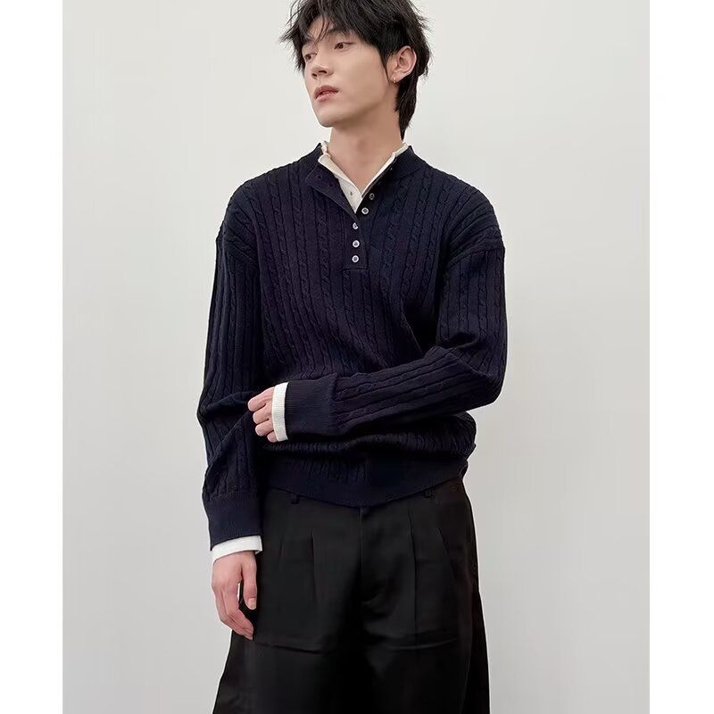 Strickpullover mit Henley-Kragen im Vintage-Stil – Lässiger Polyesterpullover für Herren, Freizeitkleidung für Herbst und Winter_voghion.com