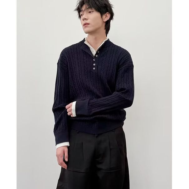 Strickpullover mit Henley-Kragen im Vintage-Stil – Lässiger Polyesterpullover für Herren, Freizeitkleidung für Herbst und Winter_voghion.com