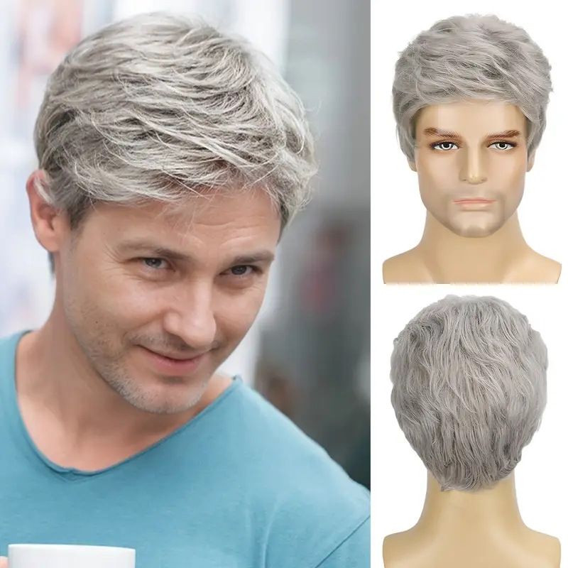 Synthetic Clip-in New Products Men's Gray Side Parted Short Straight Hair Handsome And Fashionable Chemical Fiber Wig Headpiece_voghion.com