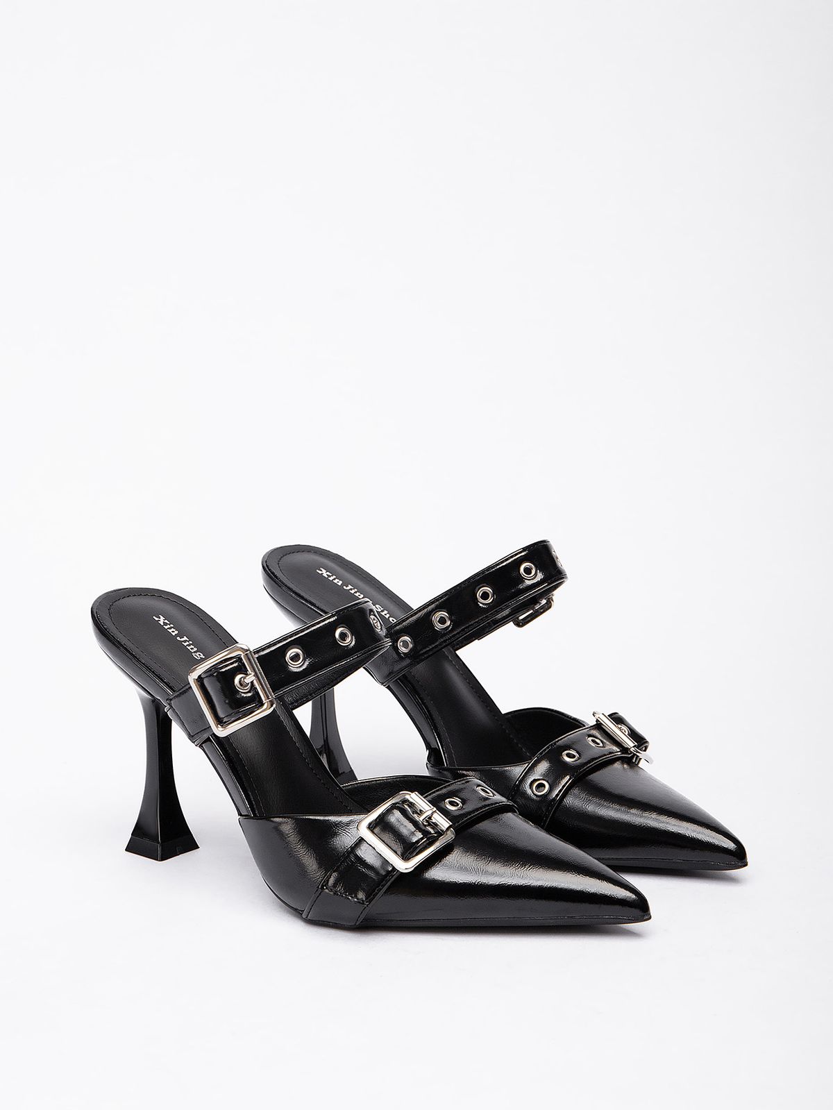 7199-2 Pointed Toe Double Belt Buckle Heel For Women New Niche High-End Sense Internet Celebrity Backless High Heels_voghion.com