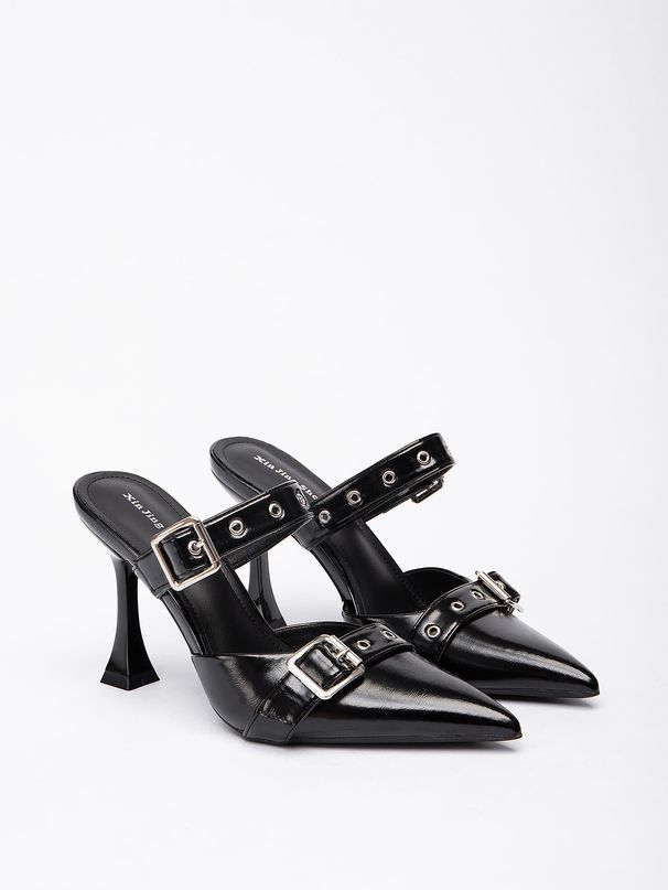 7199-2 Pointed Toe Double Belt Buckle Heel For Women New Niche High-End Sense Internet Celebrity Backless High Heels_voghion.com