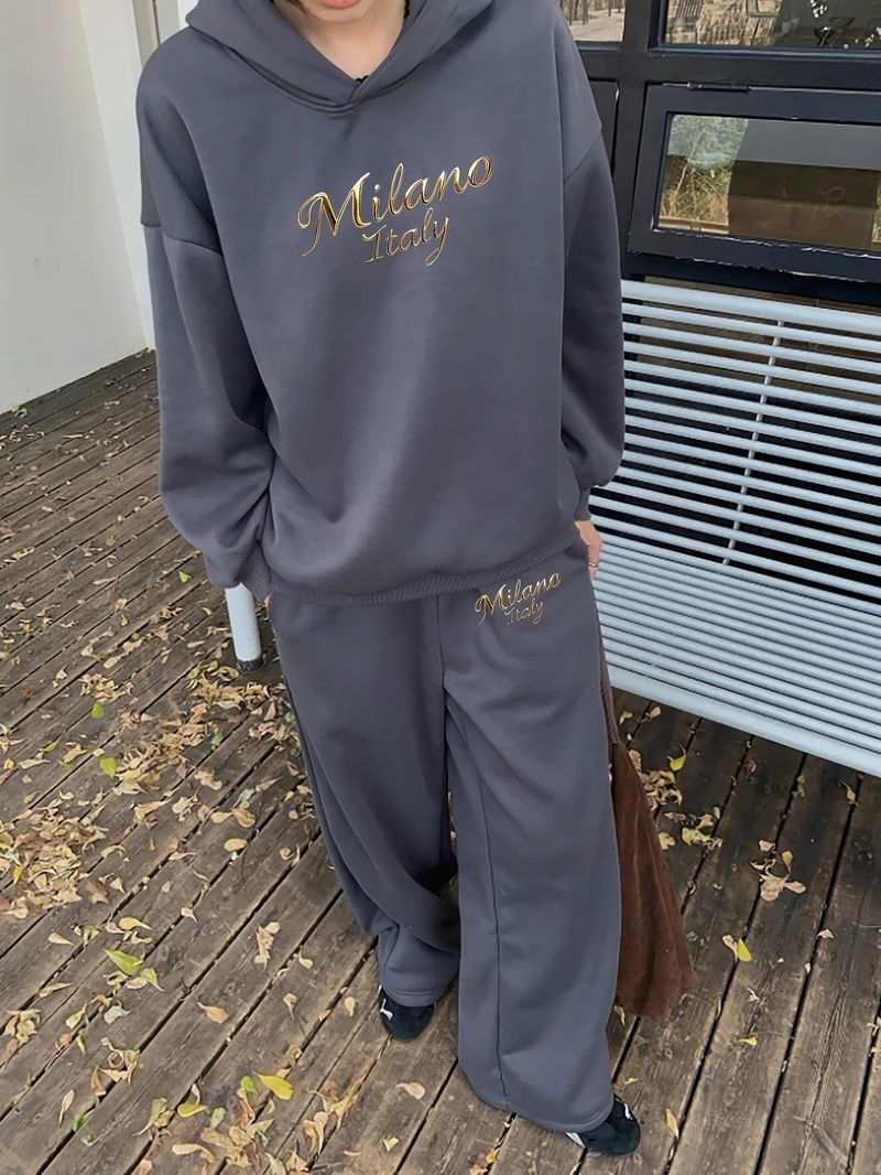 Completo con cappuccio e stampa di lettere da donna, felpa a maniche lunghe e pantaloni con elastico in vita_voghion.com