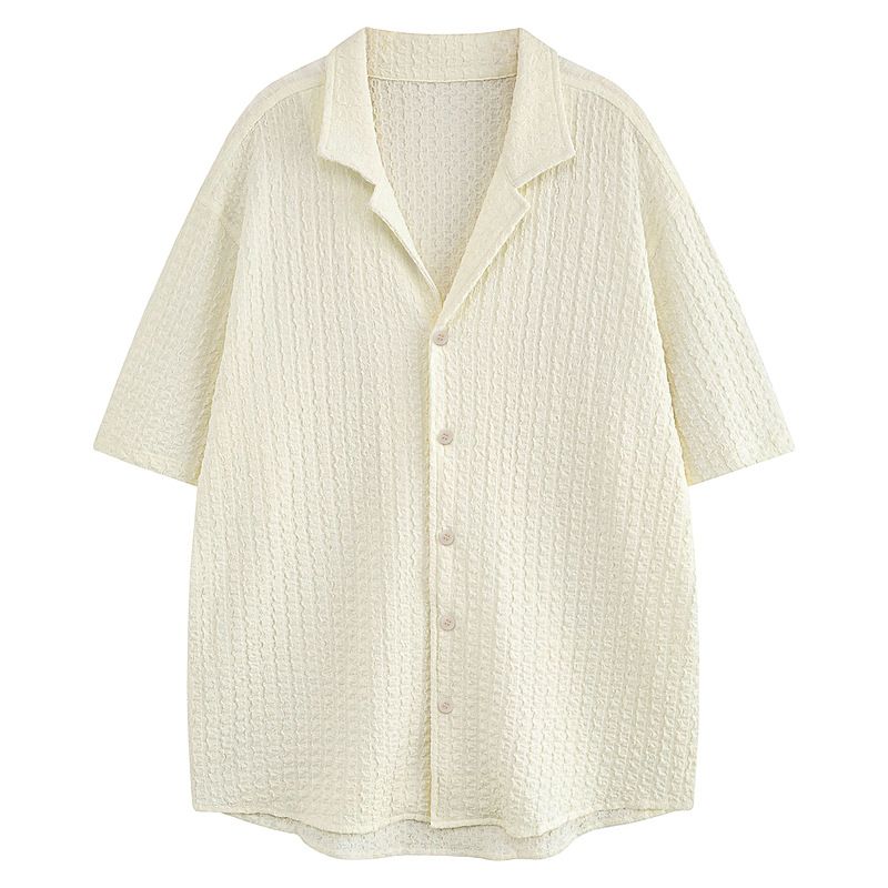 Herrenhemd mit kubanischem Kragen und strukturierter Eisseide, kurzärmelig – lockere Passform, lässiger Stil, atmungsaktiv und stylisch für den Sommer_voghion.com