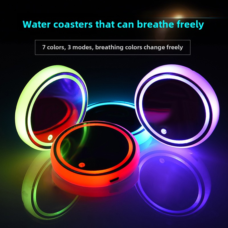 Leuchtende, bunte LED-Wassermatte fürs Auto, Atmosphärenlicht im Auto, Solarenergie, USB-Aufladung, rutschfeste Bechermatte_voghion.com