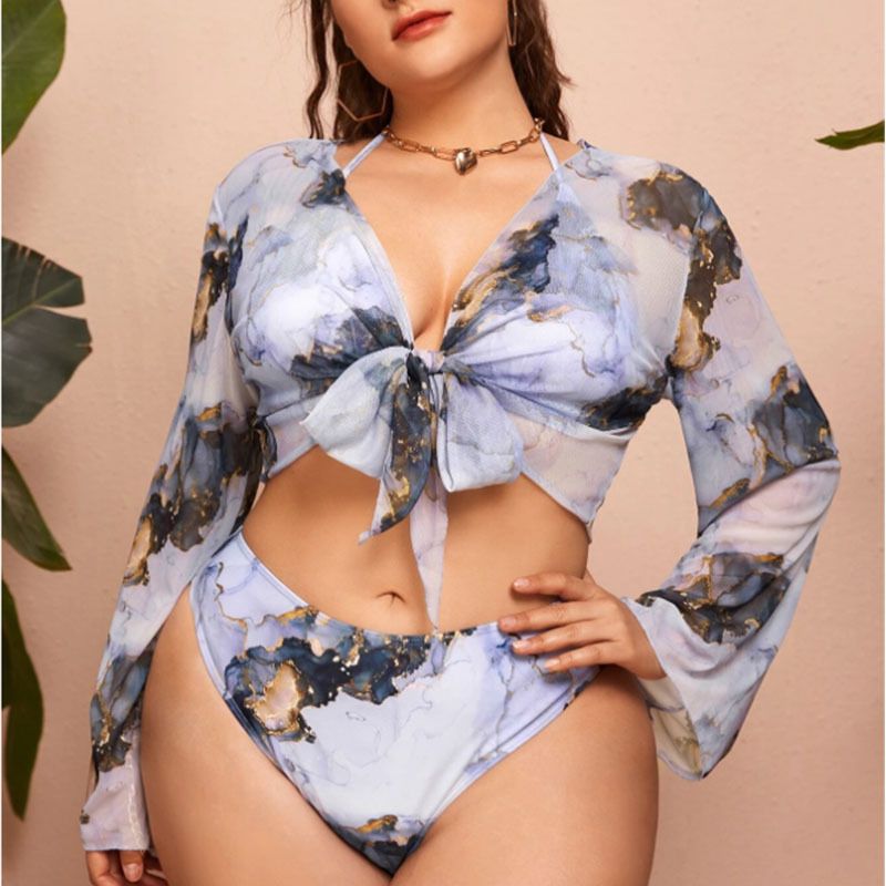 Costume da bagno da donna in rete a tre pezzi, taglie forti, per donne grasse, bikini a triangolo diviso, copricostume a maniche lunghe, costume da bagno da donna_voghion.com